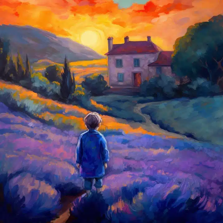 Sunrise over lush hills, indigo flowers, and a child experiencing the Taste of Sunrise, symbolizing Safranée's brand essence