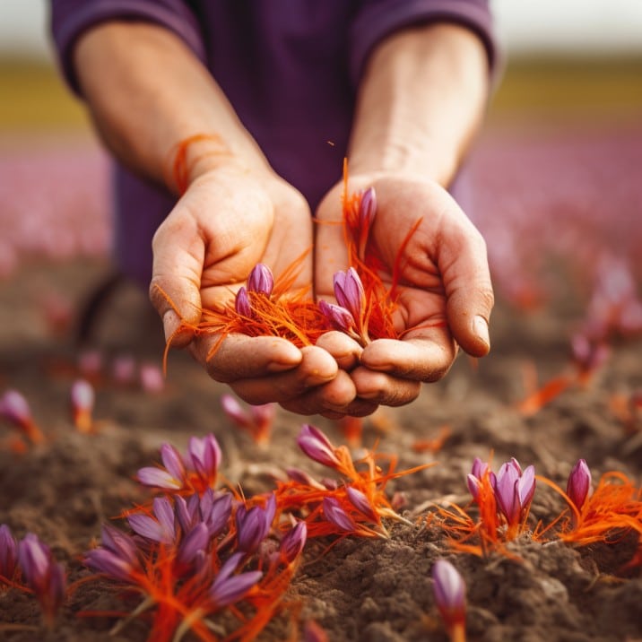 A farmer hand-picking saffron flowers in the field during the saffron harvesting process