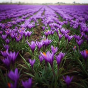 A beautiful saffron field with purple flowers blooming, showcasing the cultivation process of saffron
