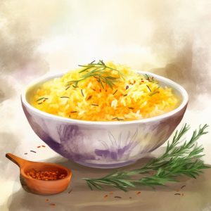 Saffron Rice served in a ceramic bowl with a garnish of fresh herbs